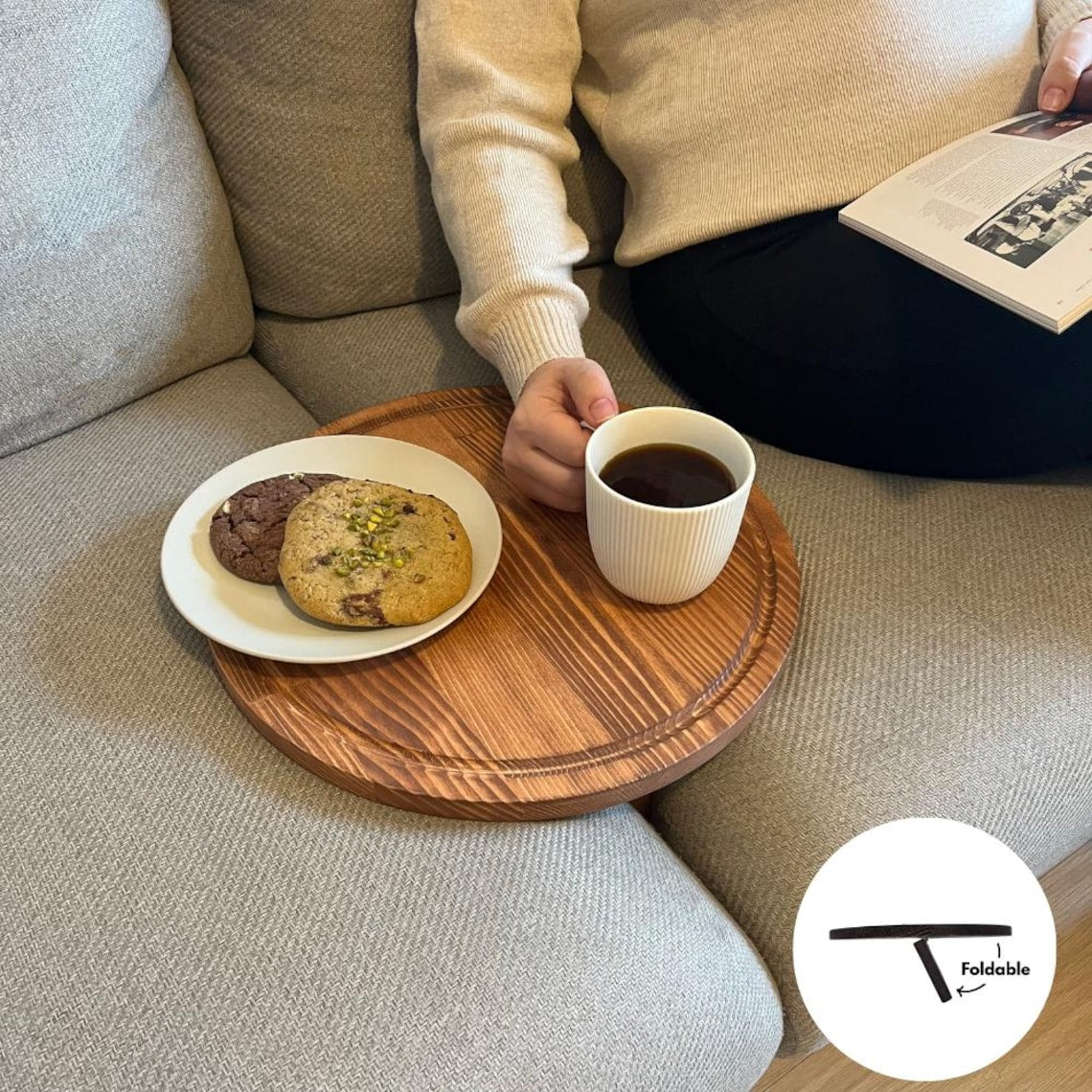Handmade Wooden Sofa Tray Table – Solid Spruce Couch Armrest Table, Rustic & Modern Design